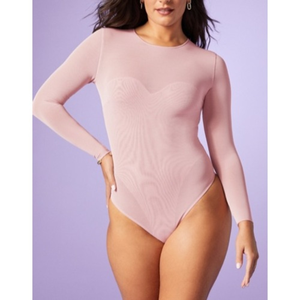 YITTY Mesh Me Smoothing Sleeved Thong Bodysuit Size Small Pink Mesh Sheer